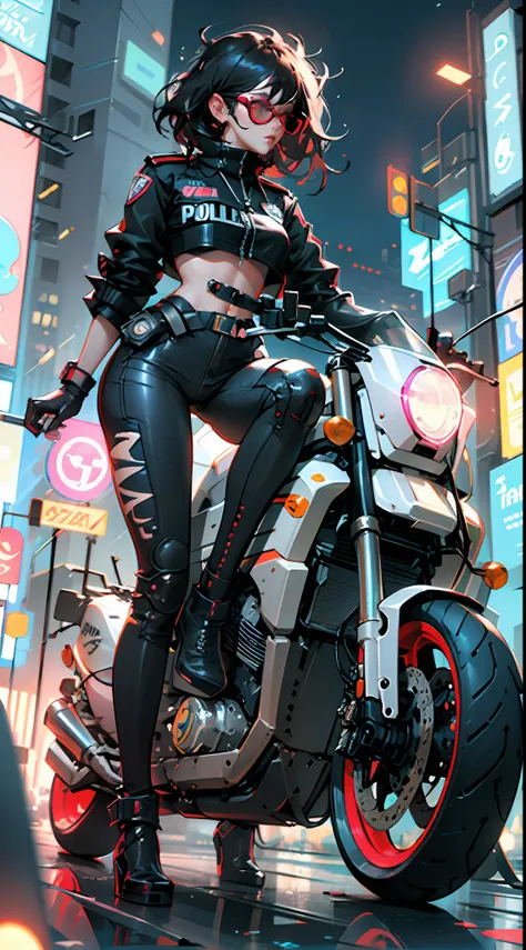 beautiful woman medium hair, wearing cap, cyberpunk style short clothes, cyberpunk police woman, tomboy, traffic police, flying ...