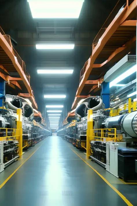 interior of an engine factory, assembly line, no people, real manufacturing process, ultra high quality, high definition, 8k, hi...