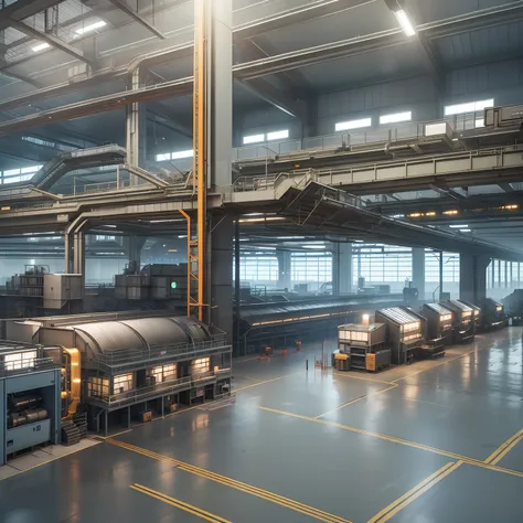 interior of an engine factory, assembly line, no people, real manufacturing process, ultra high quality, high definition, 8k, hi...