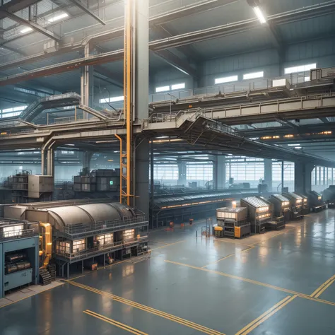 interior of an engine factory, assembly line, no people, real manufacturing process, ultra high quality, high definition, 8k, hi...