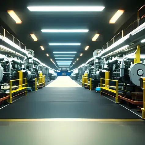 interior of an engine factory, assembly line, no people, real manufacturing process, ultra high quality, high definition, 8k, hi...