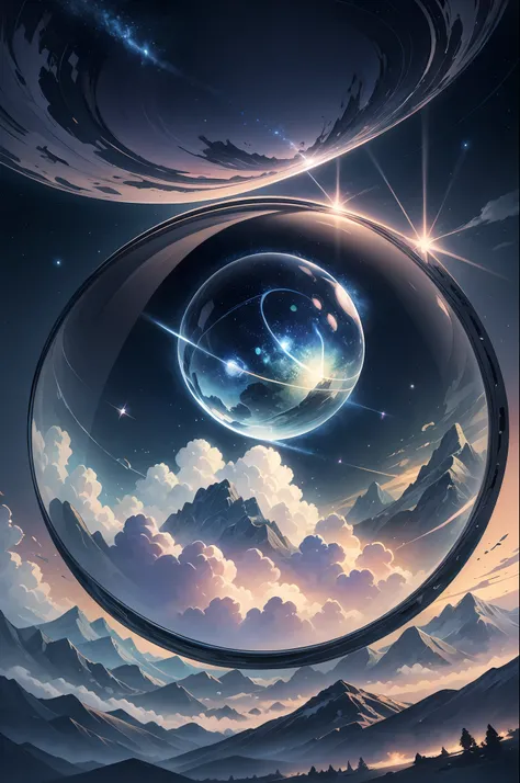 A giant mirror sphere floating in space, flickering lights, (green fields like the sky surrounded by high mountains and clouds: 1.3), particles in the air, divine rays, stars in the background, complex fractals, detailed, (illustration), masterpiece, high ...