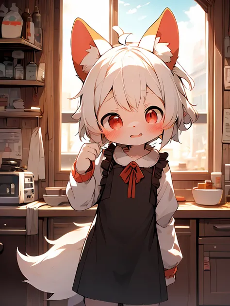 light blue fur, detailed fur, red eyes, white hair, cute, standing, master masterpiece, high resolution, 8k, detailed background, high quality, girl, female, (by Dagasi: 1.1), solo, apron