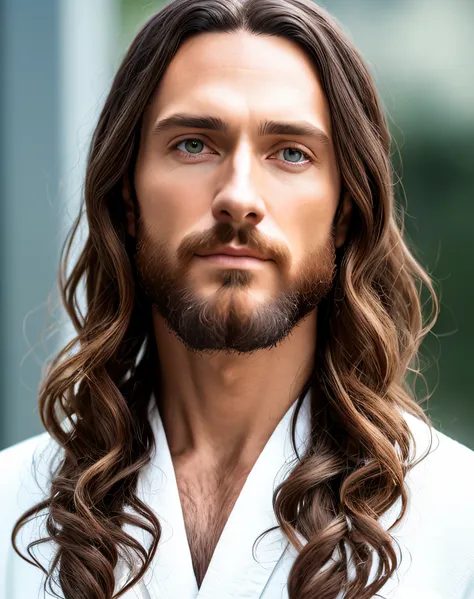 (symmetry),centered,a ((close)) up portrait,(jesus),a very thin white man with long hair and a beard,wearing a long white robe,3...