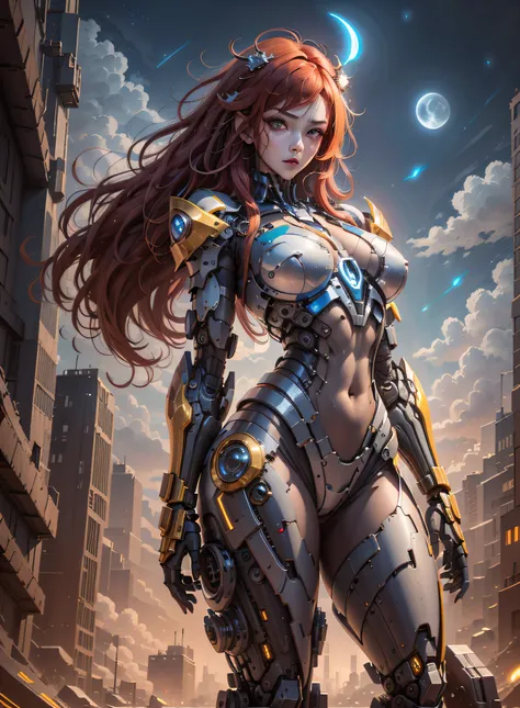 High definition (8k), Beautiful woman detailed defined body, red hair, full body sexy pose wearing conan the barbarian cosplay, medium breasts, uniform blue, red, white, yellow golden high-tech, cyberpunk, futuristic, scenery with night sky with clouds, mo...