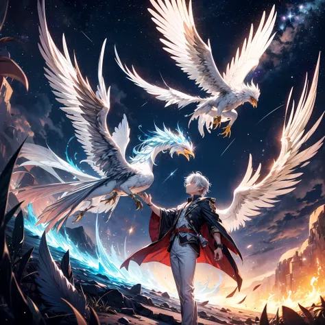 1boy, solo, in the depths of a starry night, a silver phoenix takes flight against the backdrop of a mystical landscape. its win...