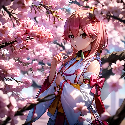 sakura miko, cherry blossom tree in background, sharp focus