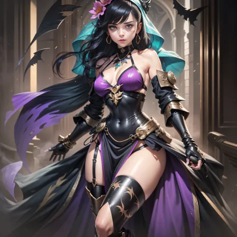 Defcorrin, black hair band, armored dress, purple cape, juliet sleeves, bracers, black gloves, armored legwear, barefoot respcorrin, hair ornament, pink black dress, bare shoulders, elbow gloves, succubus wings, black legcorrin things, black hair band, nec...