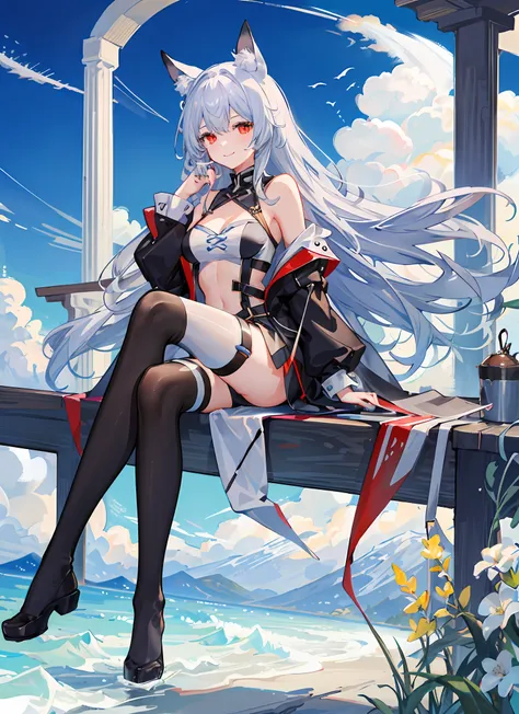 1girl, 长发, 肚脐, yuudachi_\(azur_lane\), 乳房, 辫子, 无底洞, solo, animal_ears, looking_at_viewer, 锁骨, white_legwear, 腮红, silver_hair, ve...