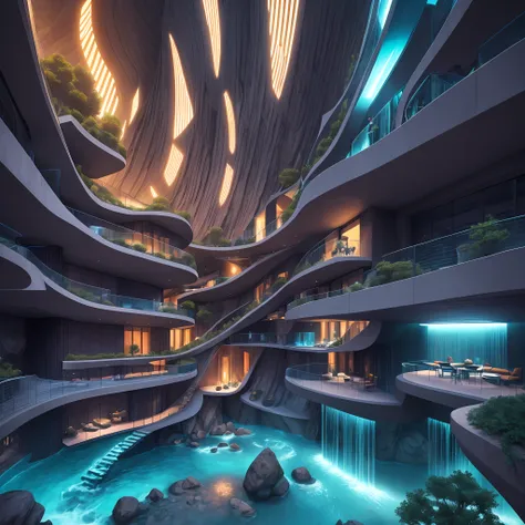 futuristic sci-fi masterpiece, cybernetic residential beehive pod architecture designs carved inside of grand canyon caves , rea...