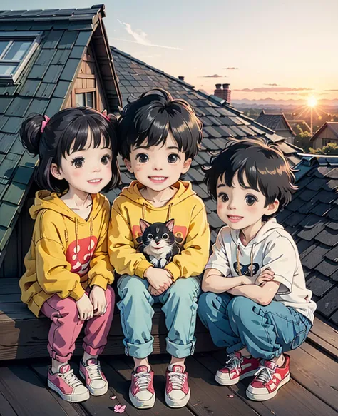 two happy little boys and a little girl sat on the roof, taking full body photos and laughing happily. the boy wore a yellow sho...