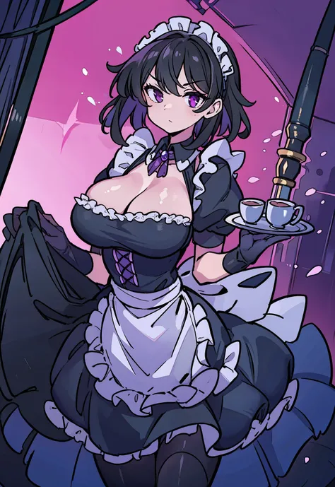 (((Masterpiece))),(((best quality))), solo,1girl,Maid outfit, black hair, purple eyes,large breasts,clevage,expressionless