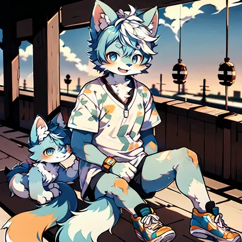 Inside the Ferris wheel, city, night, starry sky, single, orc Shota, light blue hair everywhere, light blue fur everywhere, super cute face, light blue cat ears, light blue short hair, silver necklace, left pupil golden, right pupil sky blue, band-aid on t...