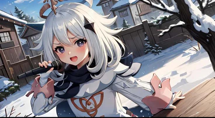 paimon genshin impact girl loli singing microphone in the snow