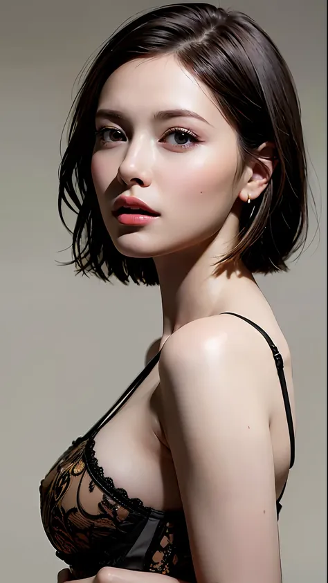 (Masterpiece: 1.3), (8k, Photorealistic, RAW Photo, Best Quality: 1.4), (1girl), Beautiful Face, (Realistic Face), (Black Hair, Short Hair: 1.3), Beautiful Hairstyle, Realistic Eyes, Beautiful Detail Eyes, (Realistic Skin), Beautiful Skin, (Lingerie), Absu...