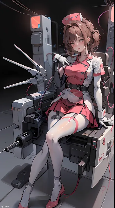 ((best quality)), ((masterpiece)), ((reality)), (detailed), (pink short skirt), mecha female nurse lying on a nursing bed restin...