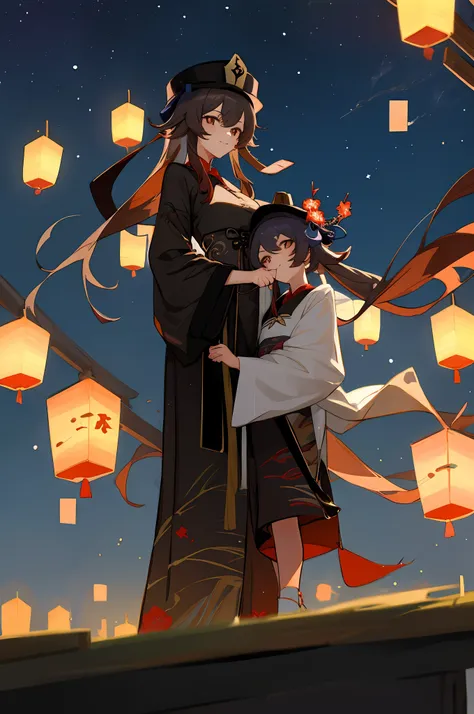 anime image of two women dressed in traditional china clothing in a night full of stars, palace a girl in hanfu, wlop and sakimi...