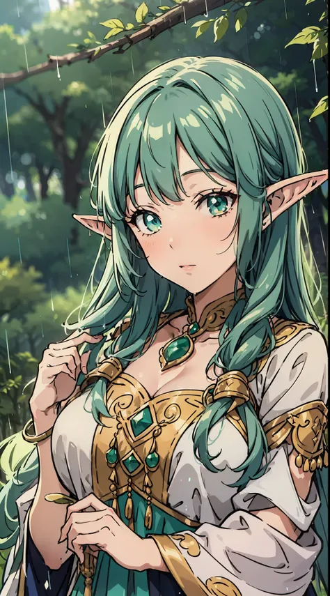 a beautiful elf woman in the middle of the forest on a rainy day. in anime style.