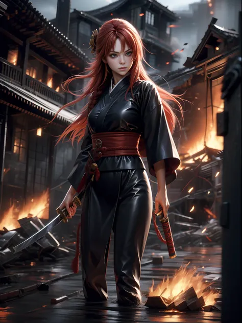 1 beautiful woman, red hair, flaming eye, katana, flames, burning houses, shining, sidelighting, wallpaper,