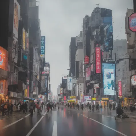 araful city street with people walking and cars driving on it, rainy streets in the background, rainy cyberpunk city, tokyo anim...