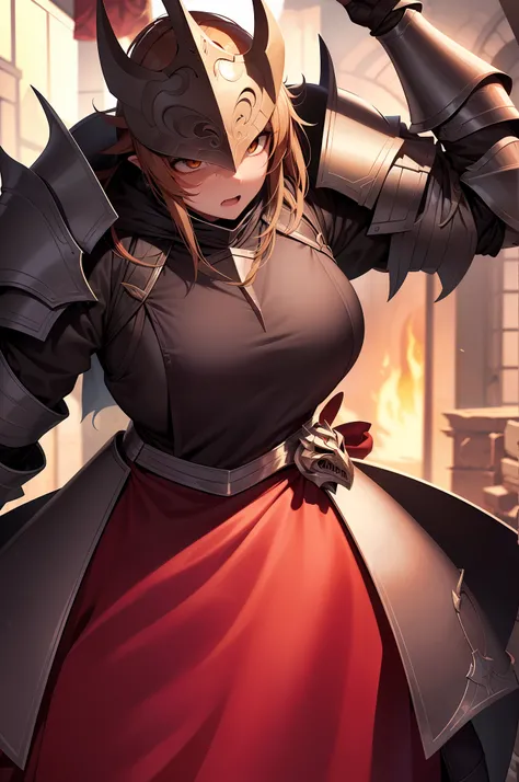 Peasant Girl turning into knight, Enveloped by armor, Transformation into knight, encased by armor, surprised expression, red black and gold heavy armor, dragonic armor with dragon mask, shocked girl is forced into knight armor