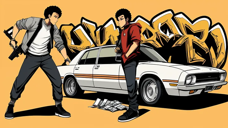 arafed drawing of two white-skinned teenage boys holding semi-automatic weapons, smoking, A closeup of a photo of two young men in front of a car, rap album cover art, hip-hop album cover, rap album cover, detailed cover cover, hip hop album cover, album c...
