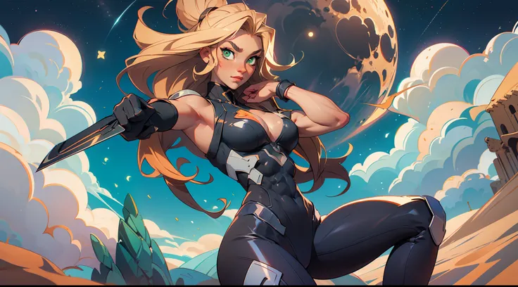 1 girl, ig model, taimanin, ninja, bodysuit, action pose, blonde hair, long hair, green eyes, lewd face, sexy, cleavage, armpits, large breasts, wide hips, thick thighs, muscles, abs, realistic, ray traced, desert, sand, night, stars, moon, clouds