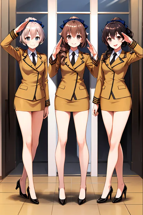 masterpiece, best quality, highres, 3girls, trio, identical sisters, triplets, clones, military uniform, matching outfits, long ...