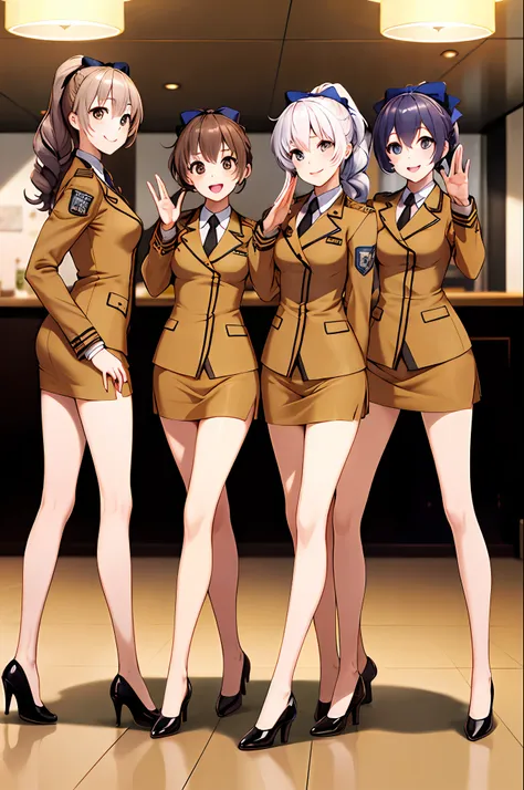 masterpiece, best quality, highres, 3girls, trio, identical sisters, triplets, clones, military uniform, matching outfits, long ...