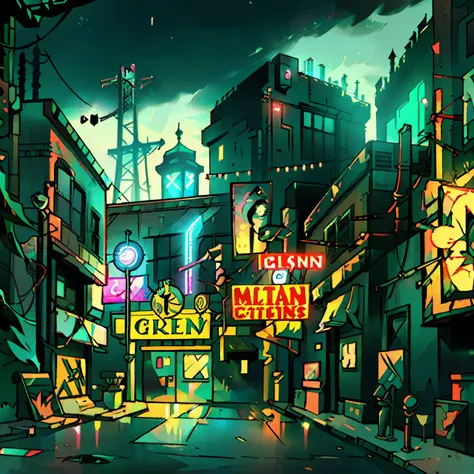 illustration of a cyberpunk cityscape at night with skyscrapers, neon lights, billboards, cars, theater marquee, & electric wire...