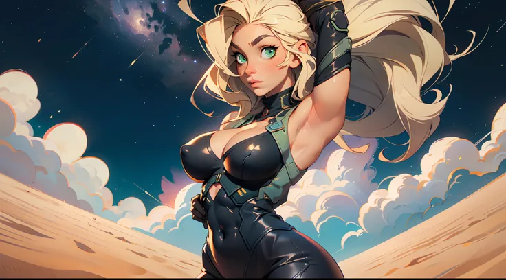 1 girl, ig model, taimanin, ninja, bodysuit, action pose, blonde hair, long hair, green eyes, lewd face, sexy, cleavage, armpits, large breasts, wide hips, thick thighs, muscles, abs, realistic, ray traced, desert, sand, night, stars, moon, clouds