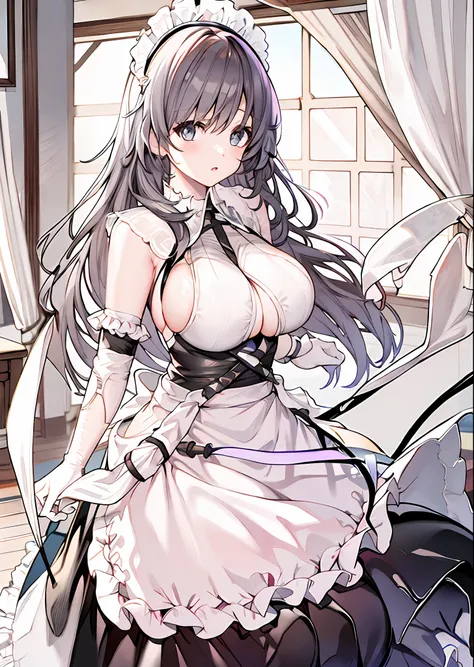charybdis(azur lane), (origen), enmaided,indoors,cowboy shot, arms behind back, masterpiece, best quality, extremely detailed face, sharp details, high contrast,