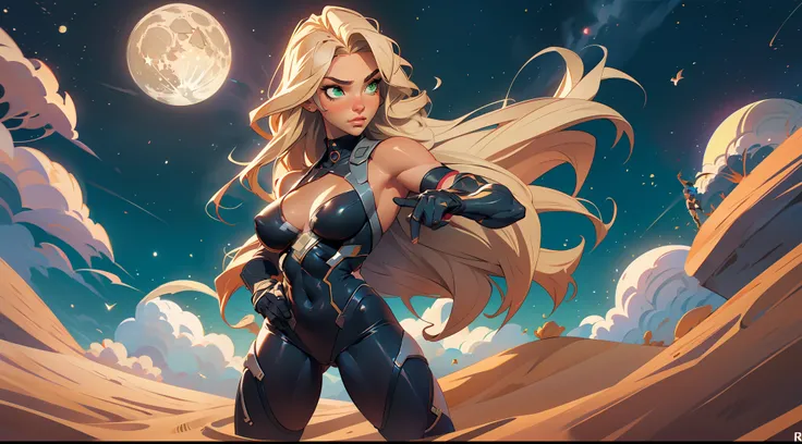 1 girl, ig model, taimanin, ninja, bodysuit, action pose, blonde hair, long hair, green eyes, lewd face, sexy, cleavage, armpits, large breasts, wide hips, thick thighs, muscles, abs, realistic, ray traced, desert, sand, night, stars, moon, clouds