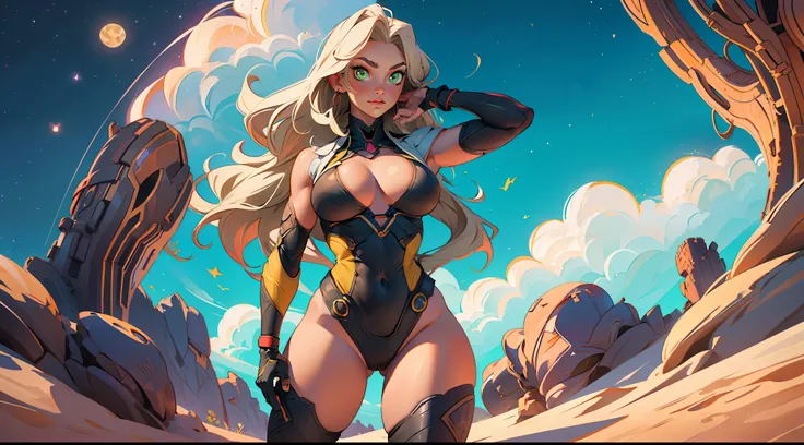 1 girl, ig model, taimanin, ninja, bodysuit, action pose, blonde hair, long hair, green eyes, lewd face, sexy, cleavage, armpits, large breasts, wide hips, thick thighs, muscles, abs, realistic, ray traced, desert, sand, night, stars, moon, clouds