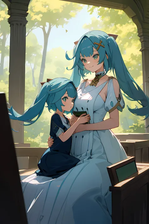 anime image of two women dressed in dress posing for a picture like arabic laboratory clothes in summer, beautiful decoration on dress, palace a girl in palace,long hair, blue haired , twintails, anime fantasy illustration, from the azur lane videogame, ge...