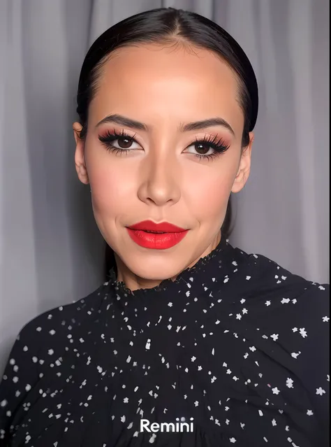 arafed woman with red lipstick and black dress posing for a picture, inspired by Gina Pellón, sexy face with full makeup, with professional makeup, red lipstick on face, wearing professional makeup, sultry look, inspired by Natasha Tan, detailed face with ...