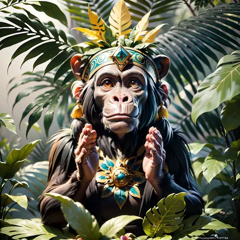 Chimpanzee ((indigenous),, ((with praying hands)),, chimpanzee hands, hair with details, with indigenous headdress on the head, ((meditating)) colorful feathers, facing the camera, detail: dense tropical foliage, highly detailed intricate, ((masterpiece)),...