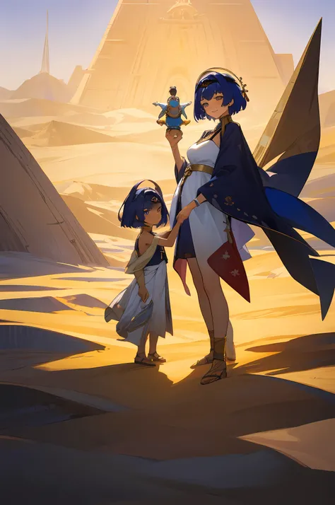 anime image of two women dressed in dress posing for a picture like egyptian desert clothes in summer, beautiful decoration on dress, palace a girl in palace,short hair, blue haired , anime fantasy illustration, from the azur lane videogame, genshin, cabda...