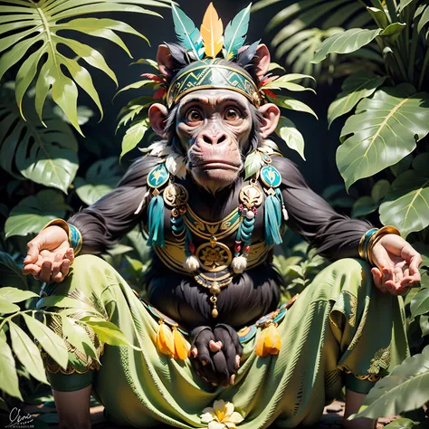 Chimpanzee ((indigenous),, ((with praying hands)),, chimpanzee hands, hair with details, with indigenous headdress on the head, ((meditating)) colorful feathers, facing the camera, detail: dense tropical foliage, highly detailed intricate, ((masterpiece)),...