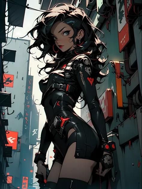 ((best quality)), ((masterpiece)), (highly detailed:1.3), 3d, black woman goddess (cyberpunk:1.3), woman dressed as sexy one-pie...