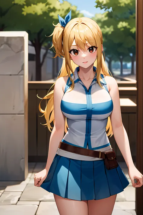 masterpiece, best quality, highres, lucy heartfilia, blonde hair, long hair, large breasts, white shirt, sleeveless, belt, blue ...