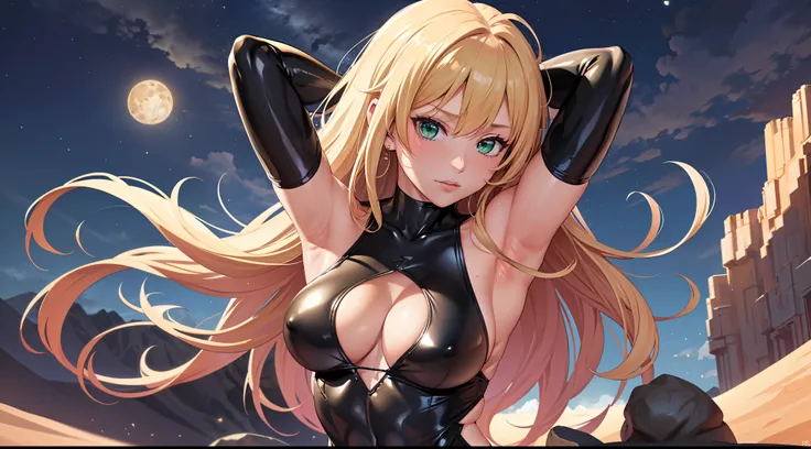 1 girl, ig model, ninja, bodysuit, action pose, arms up, arms behind head, blonde hair, long hair, green eyes, lewd face, sexy, cleavage, armpits, large breasts, wide hips, thick thighs, muscles, abs, realistic, ray traced, desert, sand, night, stars, moon...