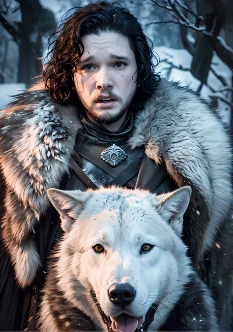 cinematic poster of jon snow holding a sword, accompanied by a white wolf, in the snow. (hdr: 1.4), (cinematic lighting: 1.4), m...