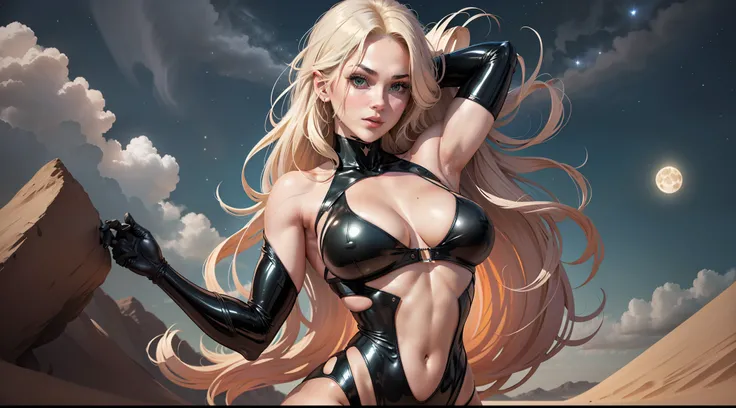 1 girl, ig model, ninja, bodysuit, action pose, arms up, arms behind head, blonde hair, long hair, green eyes, lewd face, sexy, cleavage, armpits, large breasts, wide hips, thick thighs, muscles, abs, realistic, ray traced, desert, sand, night, stars, moon...