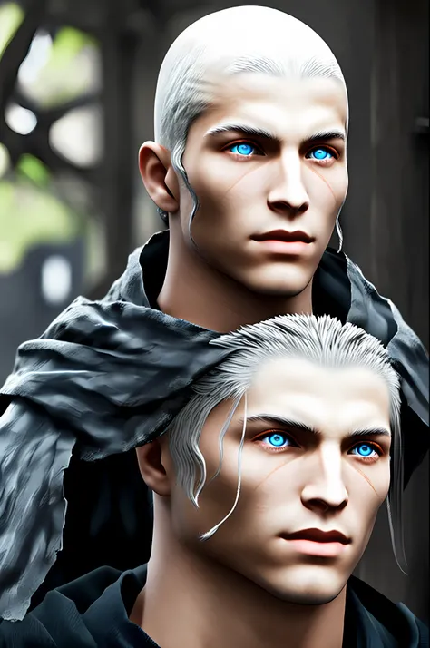 Young man, fighting monk, white skin, silver eyes, black hair, white halo