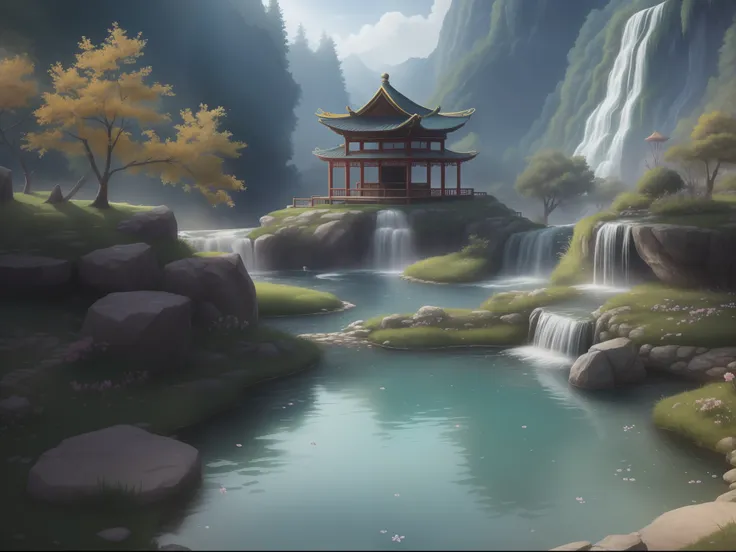 backround, CG, wuxiaworld, chinese old buliding, pond, waterfall come from the mountain top, panorama, ray tracing, reflection light, polar opposites, 8K, masterpiece, best quality, high quality, high details, super detail, highres, UHD