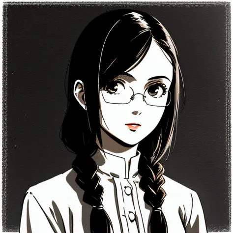 a girl,
rounded glasses,
(((middle widow's peak))),
black haired,
long straight hair,((hair bands)),plaits,
(realistic),vhs colo...