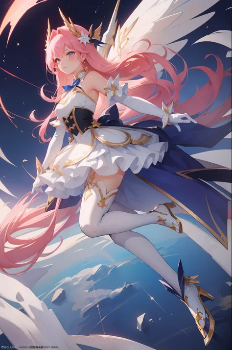 (masterpiece, best quality), intricate details, 8k, artstation, wallpaper, official art, splash art, sharp focus,
1girl, Star_Guardian_KaiSa, white_legwear, white_gloves, pink_skirt,,
