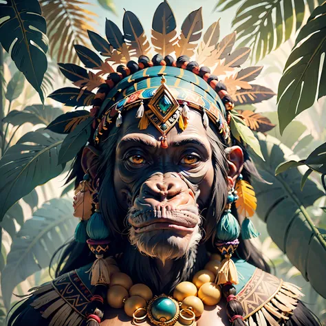 Chimpanzee Head ((Shaman)),,((meditative state),,Shaman, elegant chimpanzee, hair with details, with Indian headdress on head, ((meditating)) many colorful feathers, colorful feathers, facing the camera, detail: dense tropical foliage, highly detailed intr...