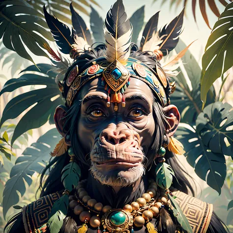 Chimpanzee Head ((Shaman)),,((meditative state),,Shaman, elegant chimpanzee, hair with details, with Indian headdress on head, ((meditating)) many colorful feathers, colorful feathers, facing the camera, detail: dense tropical foliage, highly detailed intr...